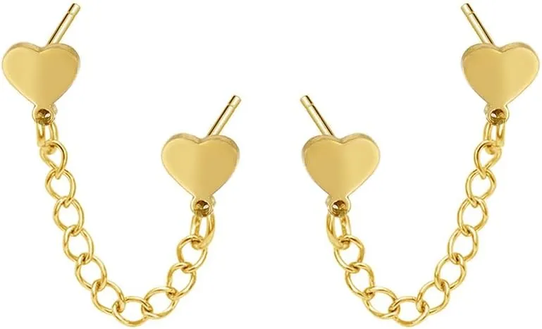 Cute Heart Love Double Piercing Huggie Stud With Short Chain Cuff Stainless Steel Earrings for Women Cartilage Two Holes Fashion Chic Minimalist Dangle Drop Hypoallergenic Gifts