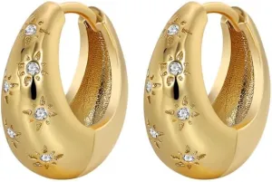 CZ Star Chunky Small Hoop Earrings for Women Girls Cartilage Dainty 14K Gold Plated Oval Crystal Hypoallergenic Sleeper Tiny Huggie Hoops Minimalist Fashion Jewelry Christmas Gift 10mm
