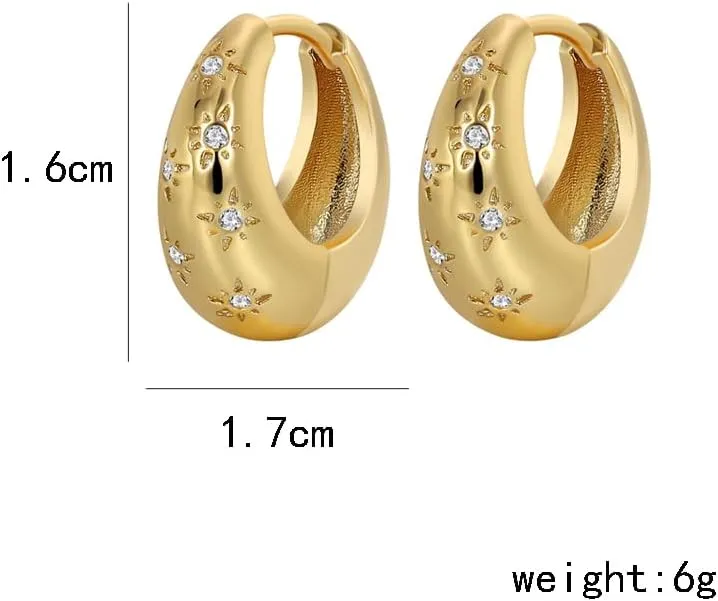 CZ Star Chunky Small Hoop Earrings for Women Girls Cartilage Dainty 14K Gold Plated Oval Crystal Hypoallergenic Sleeper Tiny Huggie Hoops Minimalist Fashion Jewelry Christmas Gift 10mm