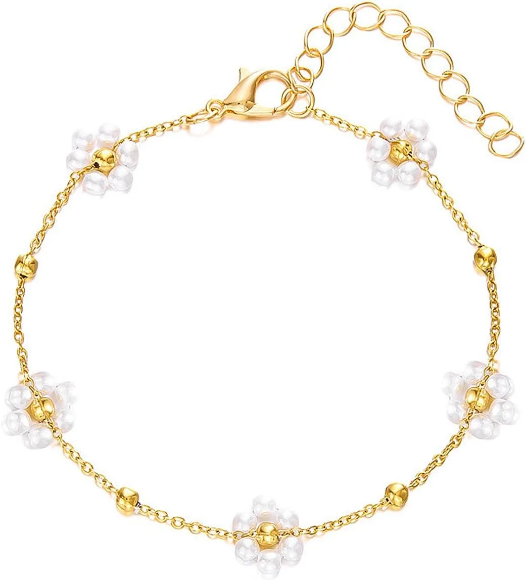 Dainty 14K Gold Flower Bracelet Trendy Adjustable Pearl Daisy Beaded Chain Bracelets Fashionable Birthday Jewelry Accessory Presents for Women Wife