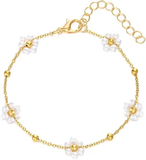 Dainty 14K Gold Flower Bracelet Trendy Adjustable Pearl Daisy Beaded Chain Bracelets Fashionable Birthday Jewelry Accessory Presents for Women Wife