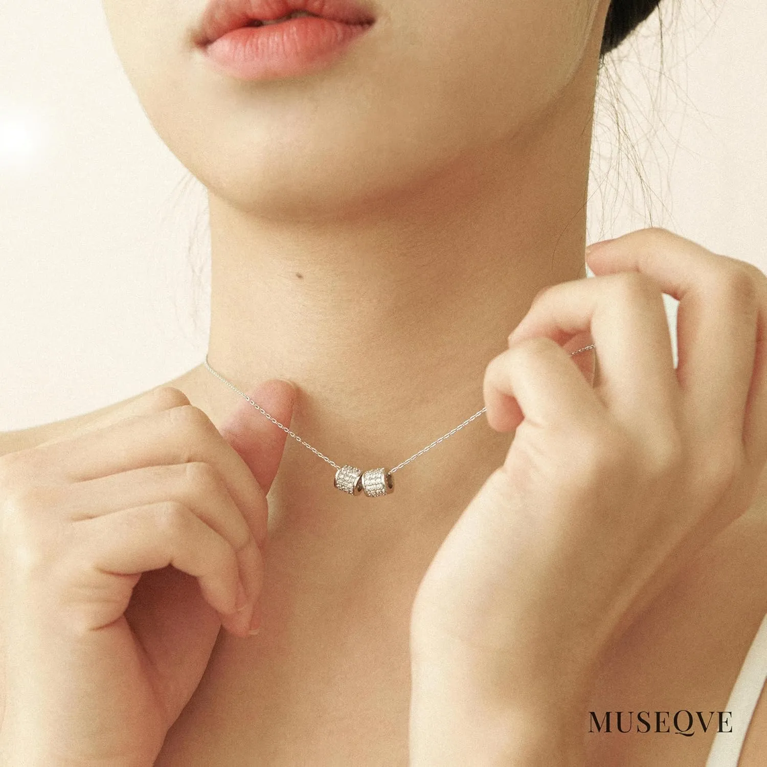 Dainty 2 Pave Ring Pendant Necklace for Women  14K Gold Plated CZ Cylinder Tube Rondelle Charm Necklaces  Non Tarnish Stainless Steel Jewelry [CLN]