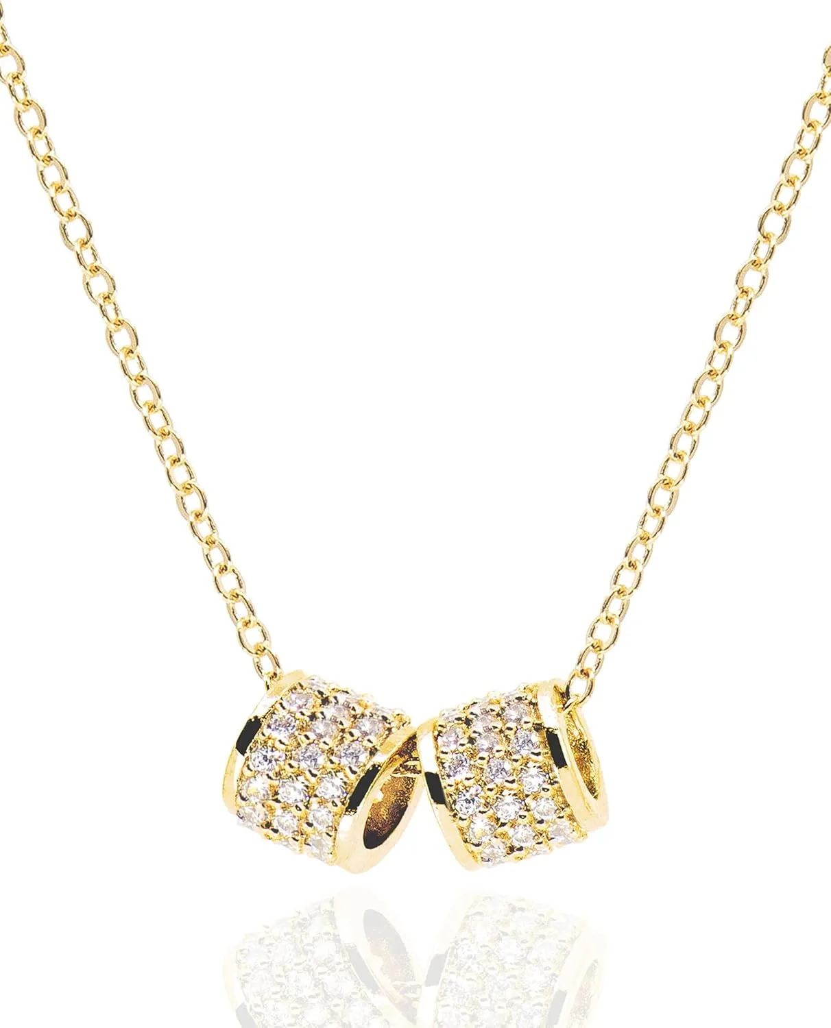 Dainty 2 Pave Ring Pendant Necklace for Women  14K Gold Plated CZ Cylinder Tube Rondelle Charm Necklaces  Non Tarnish Stainless Steel Jewelry [CLN]
