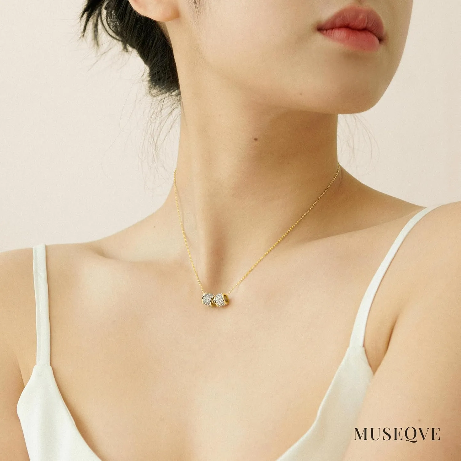 Dainty 2 Pave Ring Pendant Necklace for Women  14K Gold Plated CZ Cylinder Tube Rondelle Charm Necklaces  Non Tarnish Stainless Steel Jewelry [CLN]