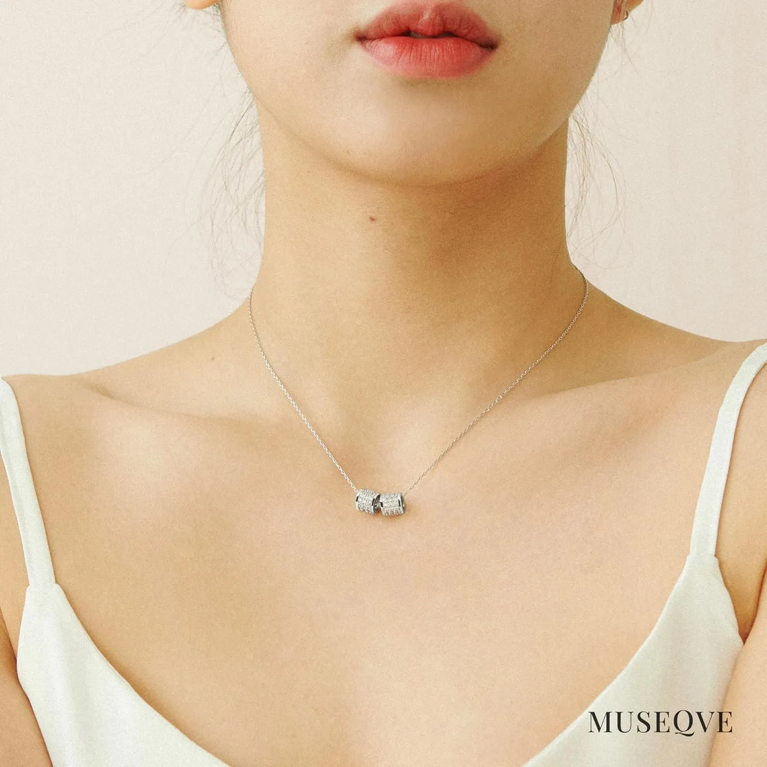 Dainty 2 Pave Ring Pendant Necklace for Women  14K Gold Plated CZ Cylinder Tube Rondelle Charm Necklaces  Non Tarnish Stainless Steel Jewelry [CLN]