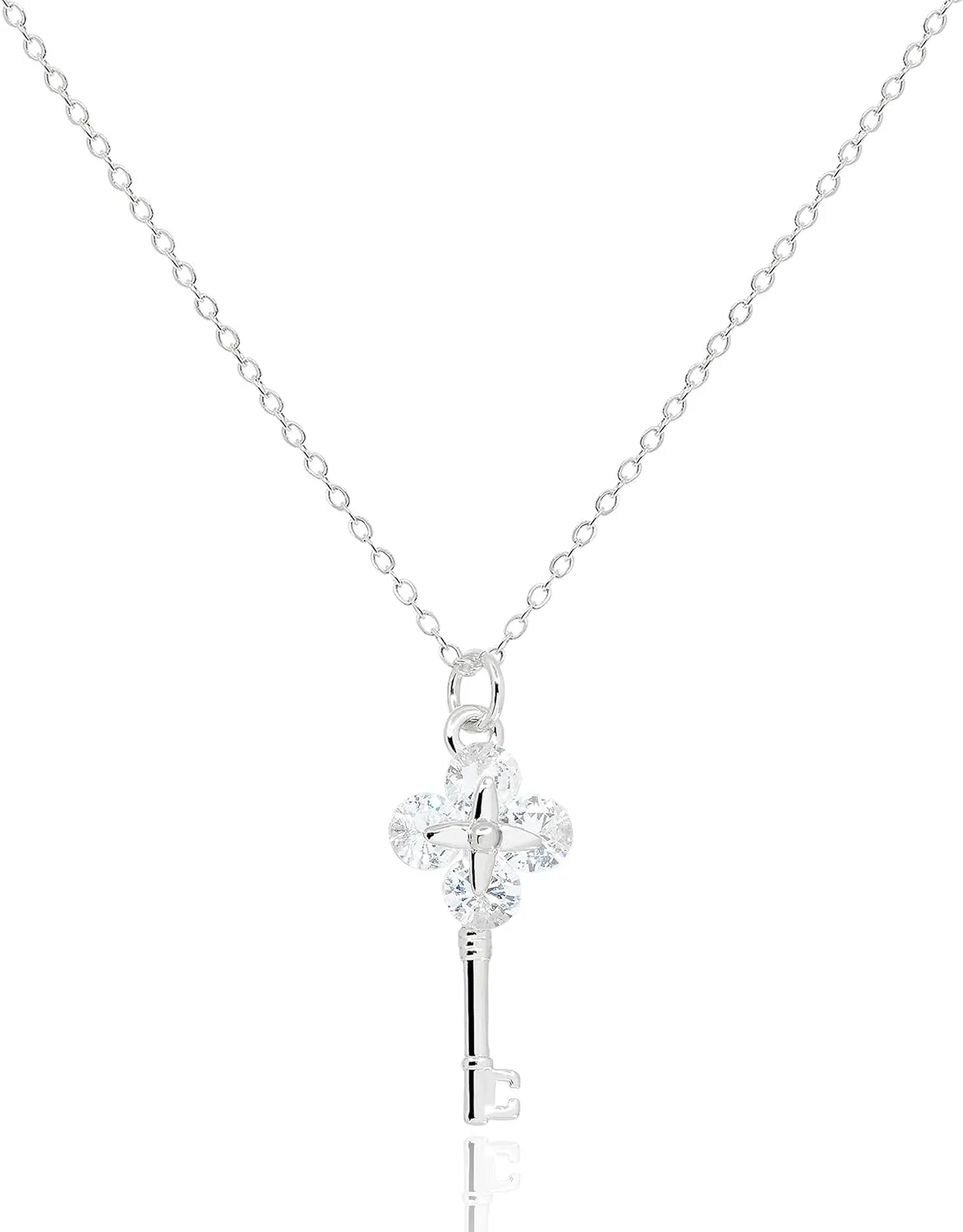 Dainty Crystal Key Pendant Necklace for Women 14K Gold Plated Stainless Steel Tiny CZ Clover Key Charm Necklaces Cute Jewlery Gifts [KN-D]
