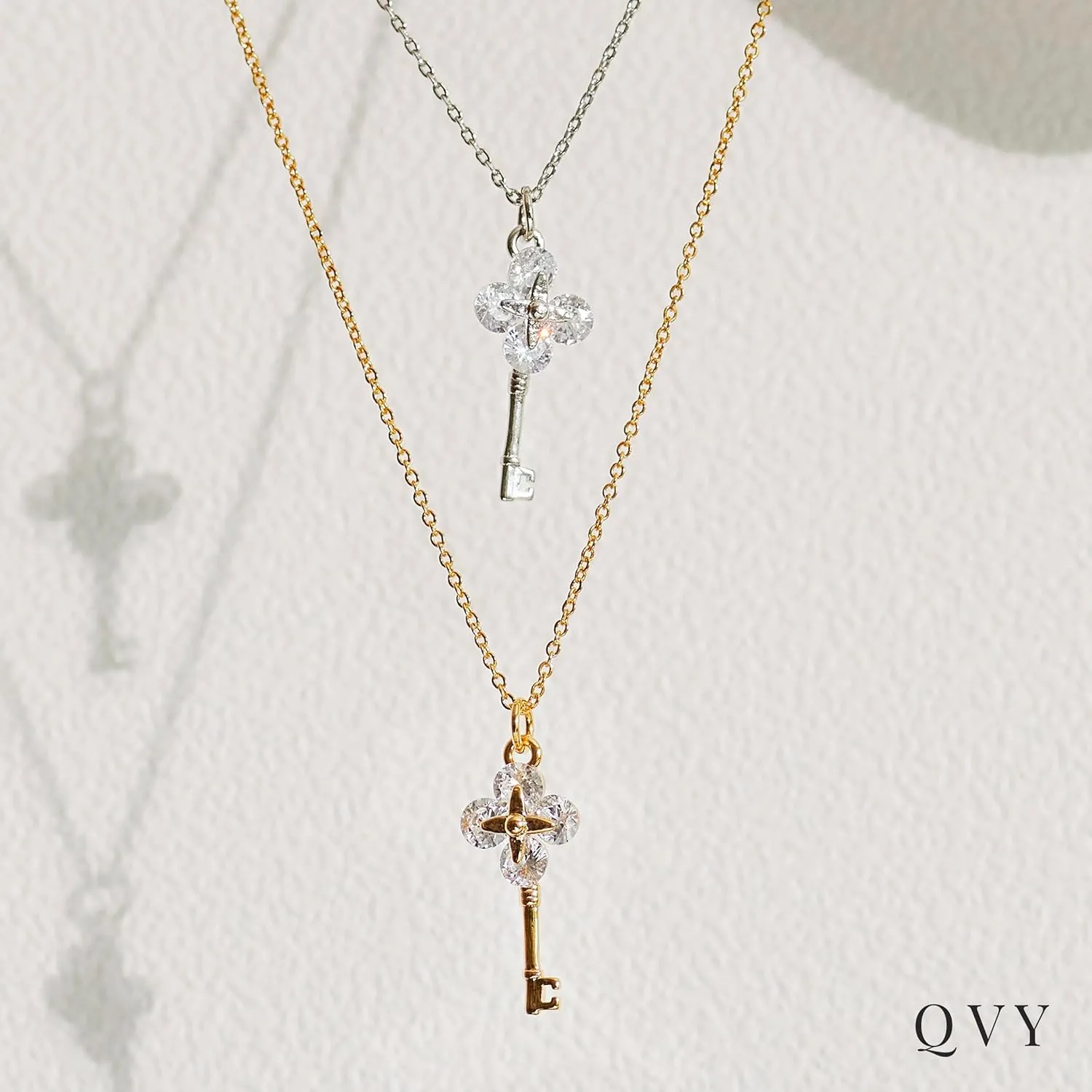 Dainty Crystal Key Pendant Necklace for Women 14K Gold Plated Stainless Steel Tiny CZ Clover Key Charm Necklaces Cute Jewlery Gifts [KN-D]
