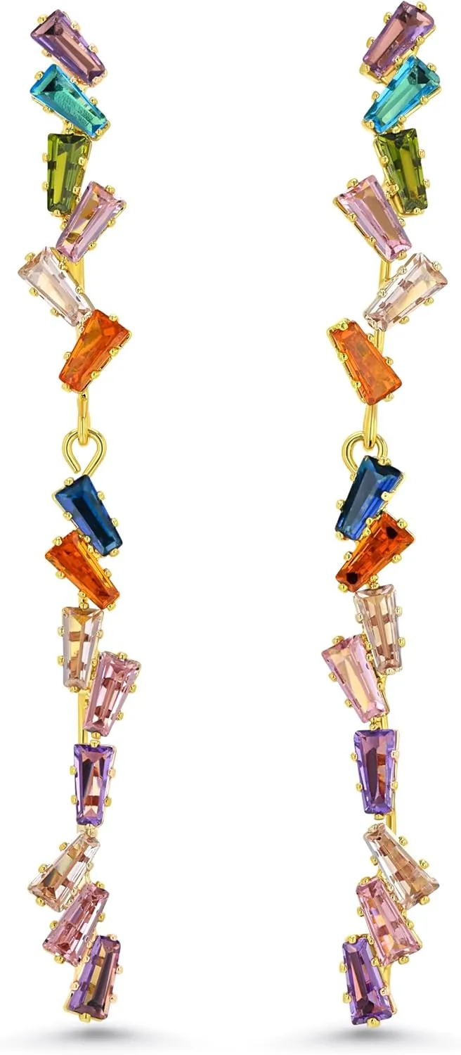 Dainty Long Colorful Gemstone Linear Drop Earrings by SNGIA, Multi Color Rhinestone Stud Statement Earrings, Trendy Chic Boho CZ Gold Plated Jewelry Gift for Women.