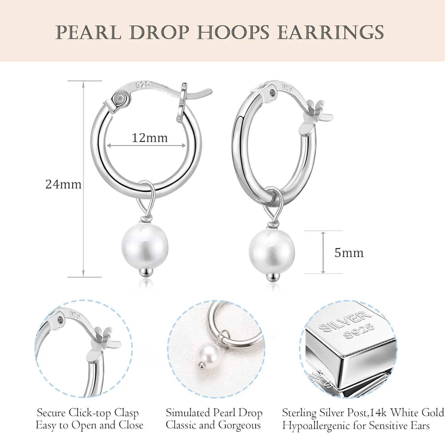 Dangle Hoop Earrings for Women, 925 Sterling Silver Hoop Earrings with Charms Tiny Baguette Round Teardrop Trio Cubic Zirconia Pearl Drop Dangling Cartilage Helix Tragus Diamond Jewelry Gifts