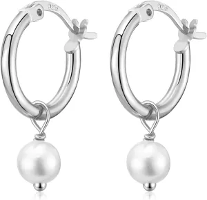 Dangle Hoop Earrings for Women, 925 Sterling Silver Hoop Earrings with Charms Tiny Baguette Round Teardrop Trio Cubic Zirconia Pearl Drop Dangling Cartilage Helix Tragus Diamond Jewelry Gifts