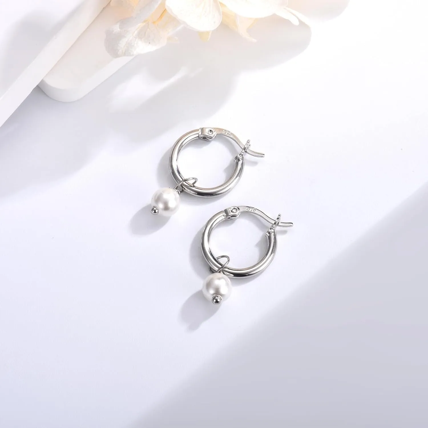 Dangle Hoop Earrings for Women, 925 Sterling Silver Hoop Earrings with Charms Tiny Baguette Round Teardrop Trio Cubic Zirconia Pearl Drop Dangling Cartilage Helix Tragus Diamond Jewelry Gifts