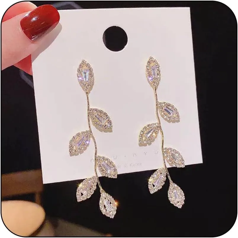 Dangling Earrings for Women, Dainty Sparkly Rhinestone Leaf Long Dangle Stud Earrings Elegant Trendy Gold Plated Piercing Earrings for Wedding Prom Jewelry Gifts