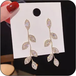 Dangling Earrings for Women, Dainty Sparkly Rhinestone Leaf Long Dangle Stud Earrings Elegant Trendy Gold Plated Piercing Earrings for Wedding Prom Jewelry Gifts