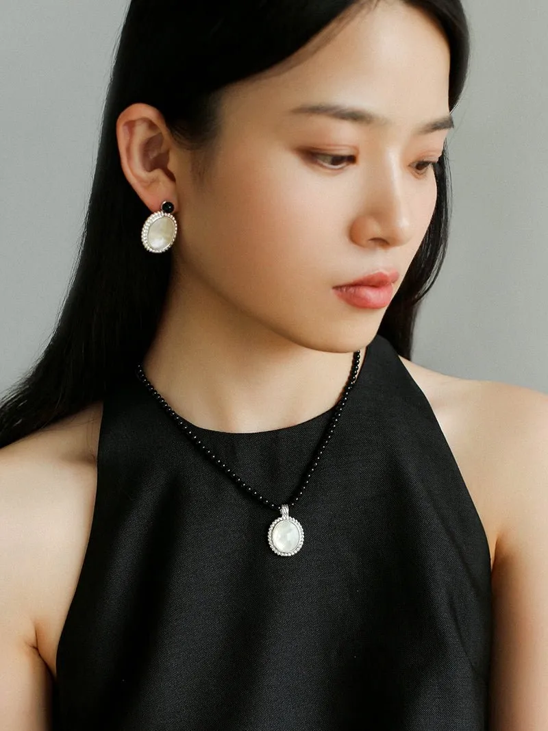 Dark Night Black Onyx Mirror White Mother of Pearl Earrings-Mother of Pearl Earrings