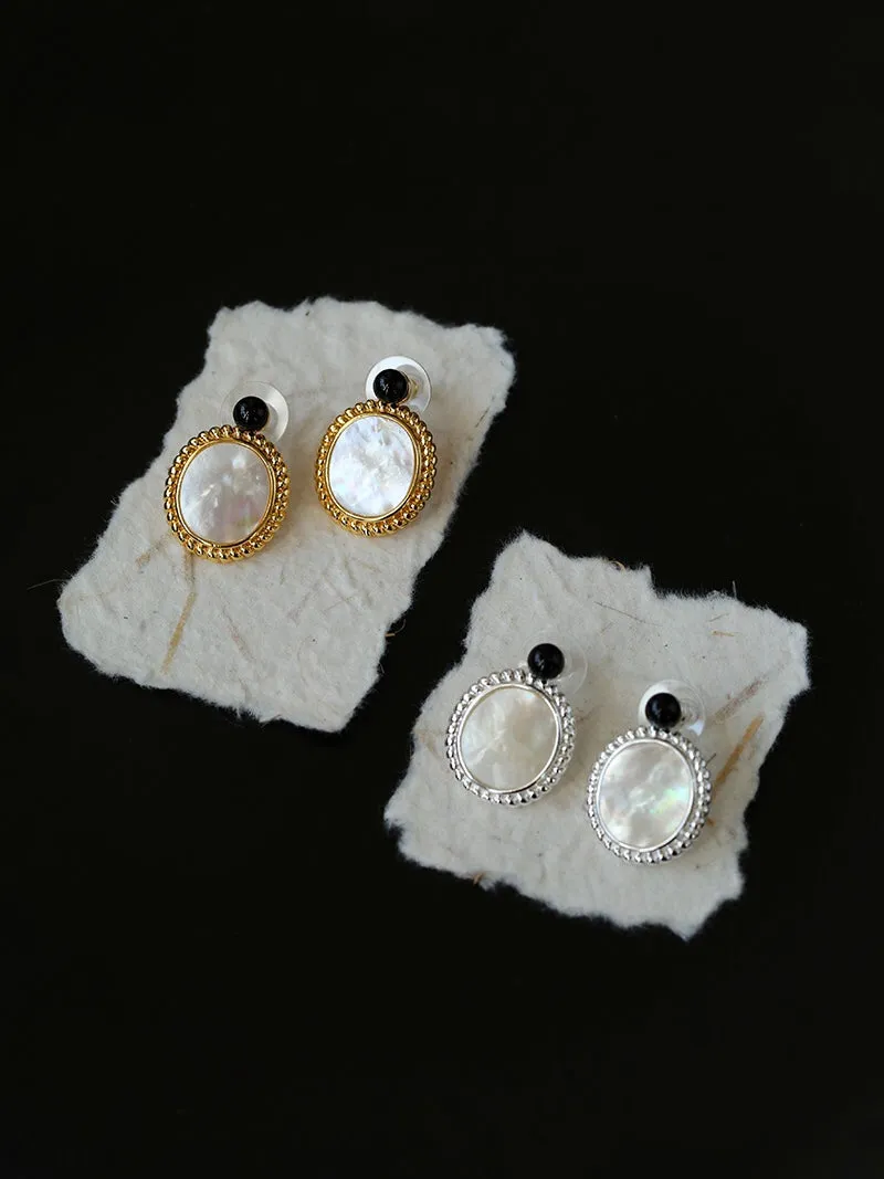 Dark Night Black Onyx Mirror White Mother of Pearl Earrings-Mother of Pearl Earrings