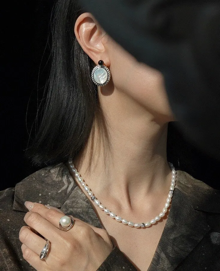 Dark Night Black Onyx Mirror White Mother of Pearl Earrings-Mother of Pearl Earrings