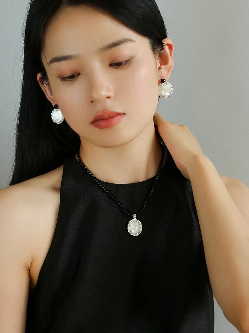 Dark Night Black Onyx Mirror White Mother of Pearl Earrings-Mother of Pearl Earrings