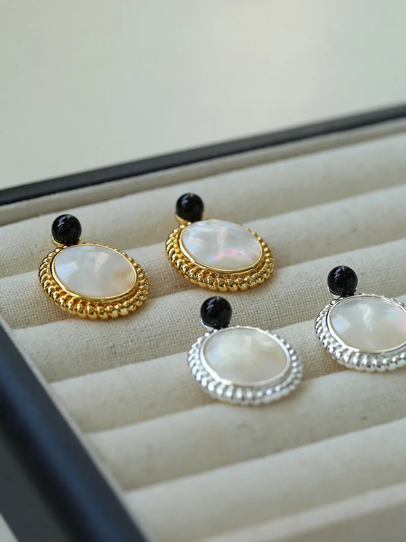 Dark Night Black Onyx Mirror White Mother of Pearl Earrings-Mother of Pearl Earrings
