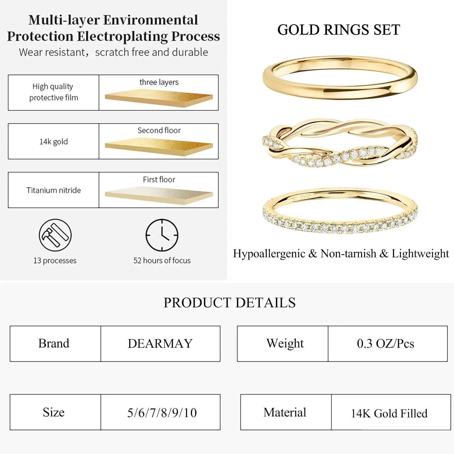 DEARMAY Stackable Gold Rings for Women Non Tarnish, Dainty 14K Real Gold Diamond Rings Set Thumb Fashion Thin Cubic Zirconia Ring Pack Simple Unique Statement Rings Gold Jewlery Women 5/6/7/8/9/10