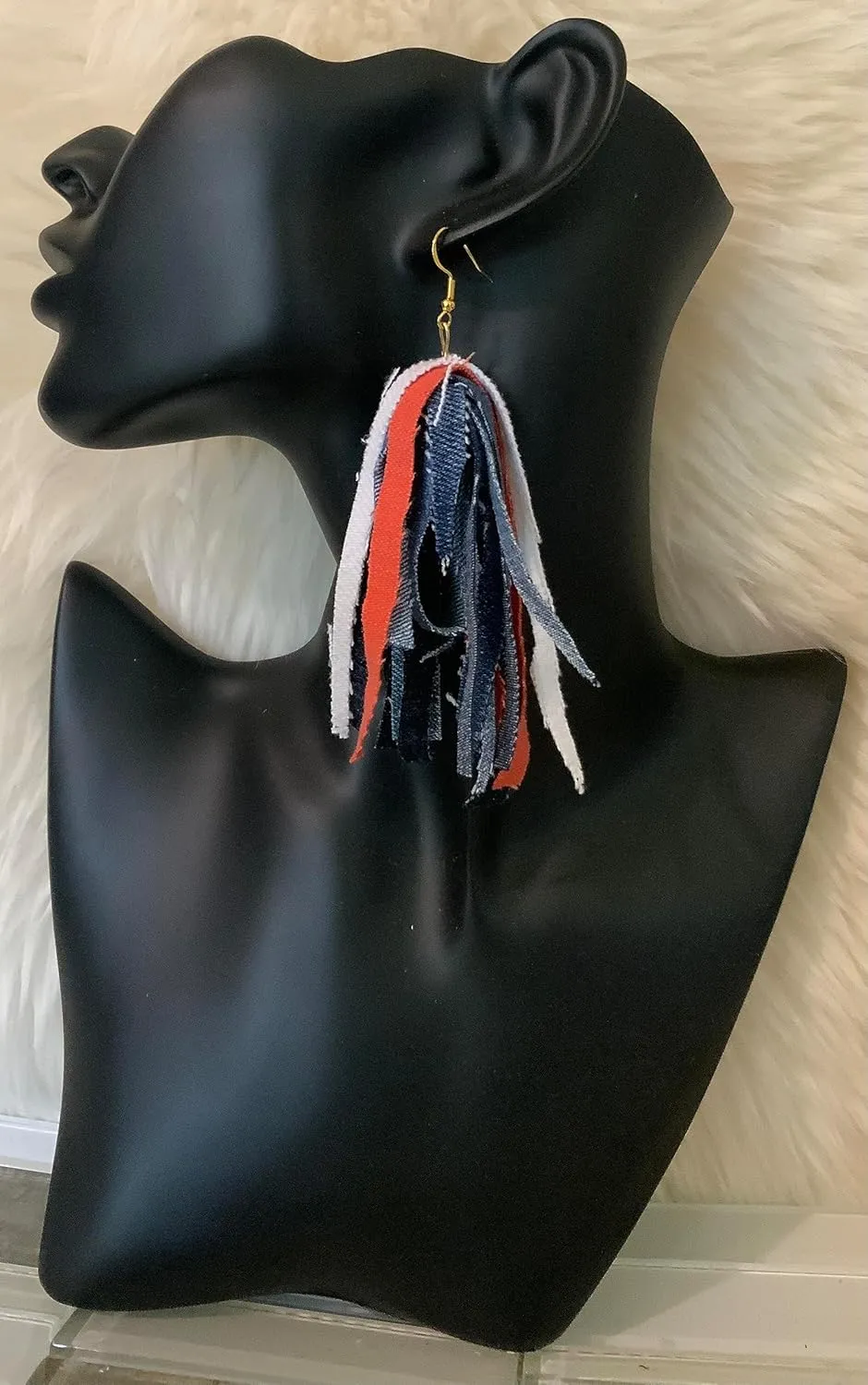 Denim Earrings UpCycled 7 Shades Blue Jeans Fabric Handmade Long Drop Dangle Boho Bohemian Western Cowgirl Chic Streetwear Urban Ethnic Statement Jewelry for Women Girls (Orange Accent Color)