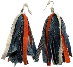 Denim Earrings UpCycled 7 Shades Blue Jeans Fabric Handmade Long Drop Dangle Boho Bohemian Western Cowgirl Chic Streetwear Urban Ethnic Statement Jewelry for Women Girls (Orange Accent Color)