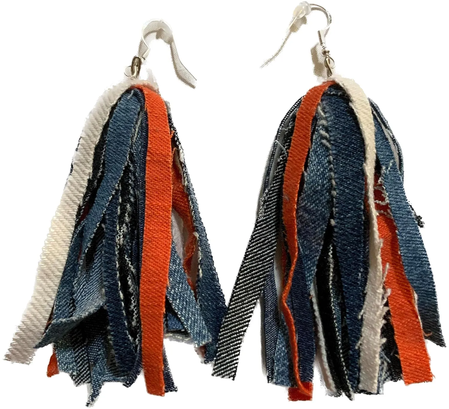 Denim Earrings UpCycled 7 Shades Blue Jeans Fabric Handmade Long Drop Dangle Boho Bohemian Western Cowgirl Chic Streetwear Urban Ethnic Statement Jewelry for Women Girls (Orange Accent Color)