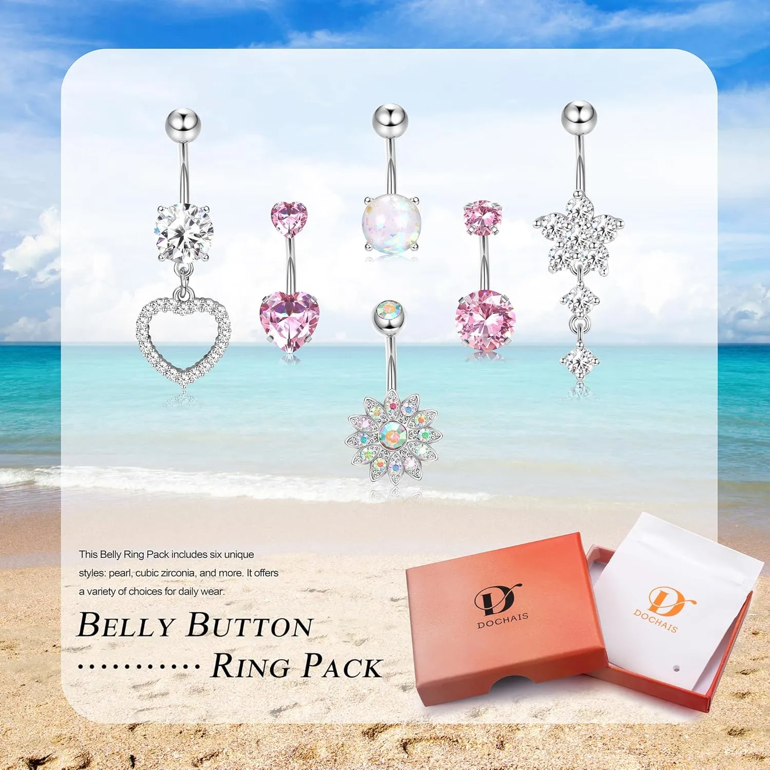 Dochais 6PCS Surgical Stainless Steel Dangle Pink Belly Button Rings for Women Heart Flower Cubic Zirconia Dangling Belly Button Piercing Navel Piercings Pack