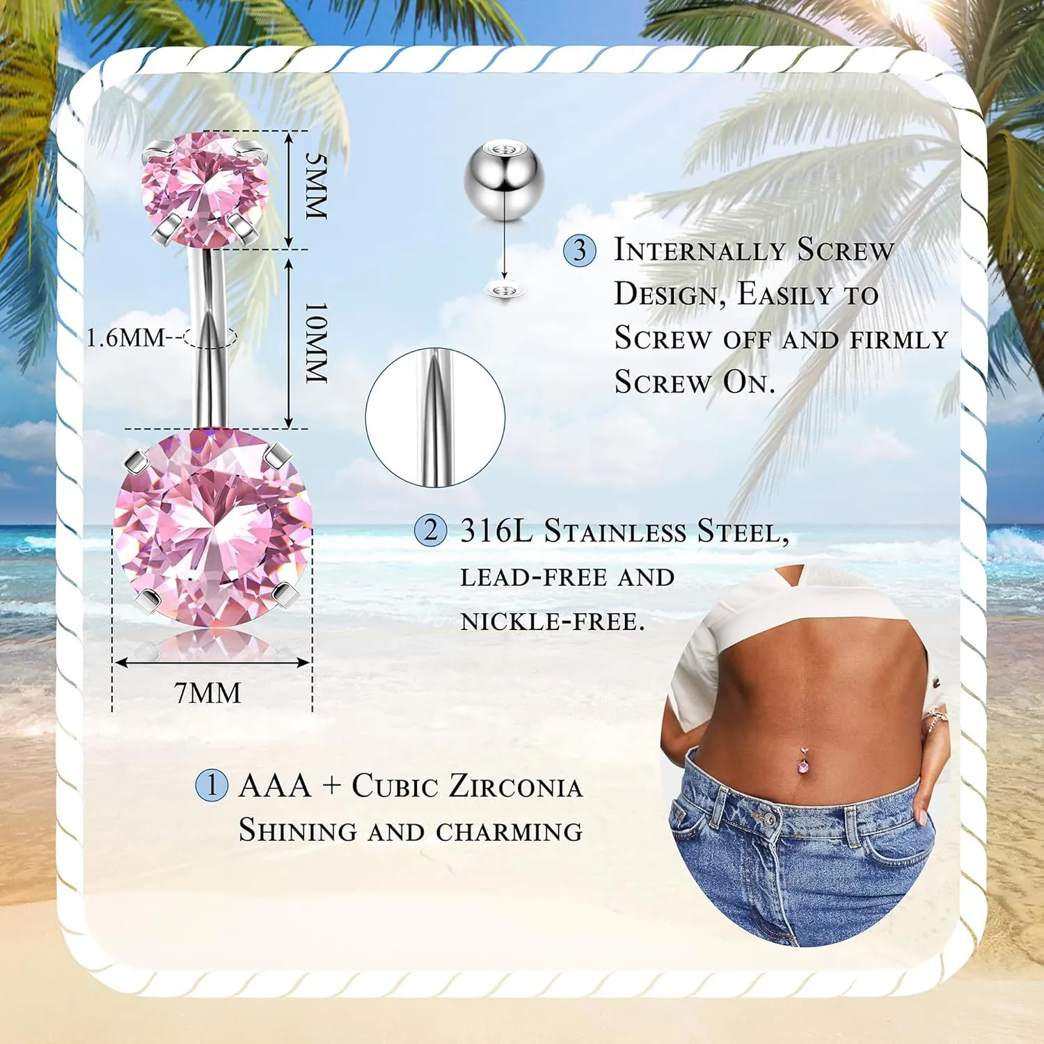 Dochais 6PCS Surgical Stainless Steel Dangle Pink Belly Button Rings for Women Heart Flower Cubic Zirconia Dangling Belly Button Piercing Navel Piercings Pack