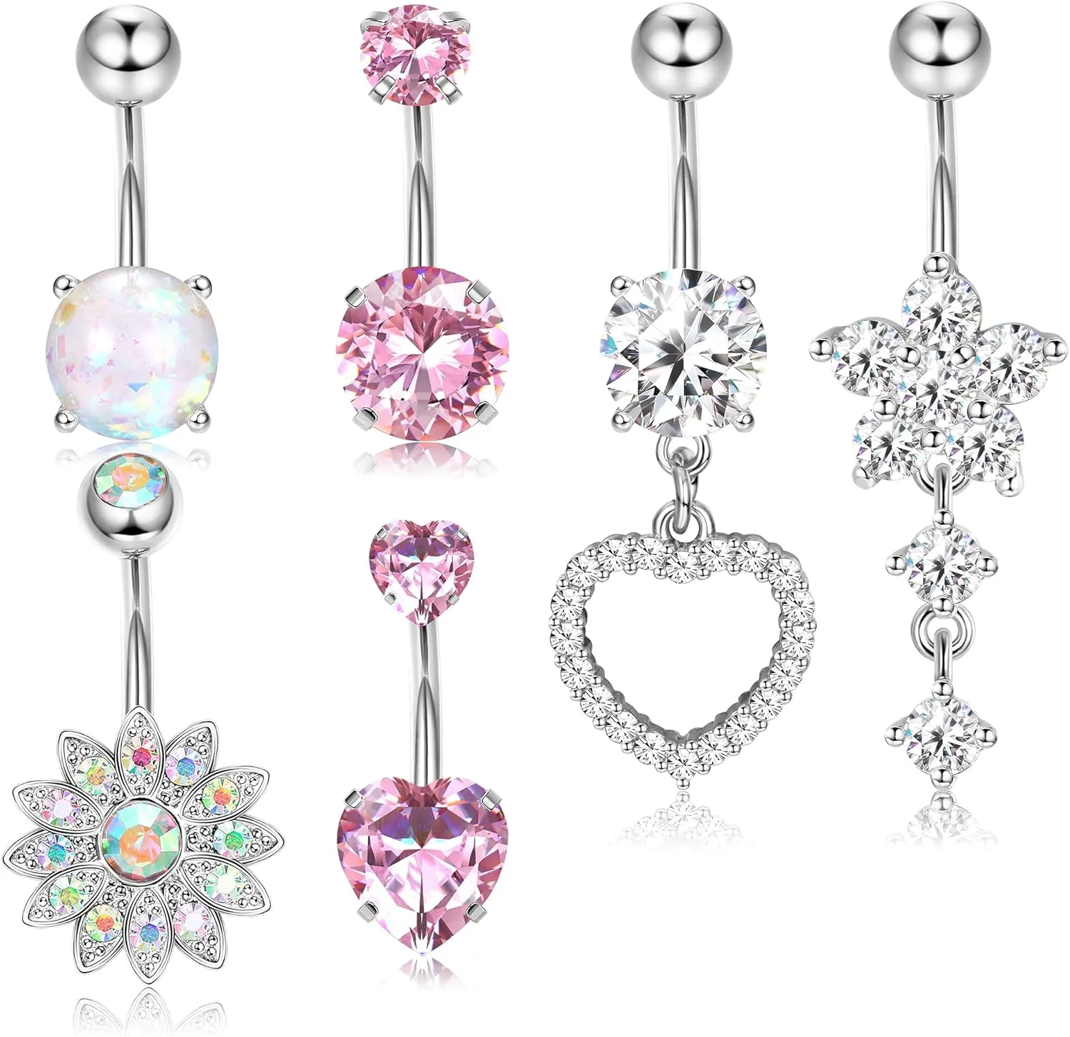 Dochais 6PCS Surgical Stainless Steel Dangle Pink Belly Button Rings for Women Heart Flower Cubic Zirconia Dangling Belly Button Piercing Navel Piercings Pack