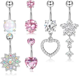 Dochais 6PCS Surgical Stainless Steel Dangle Pink Belly Button Rings for Women Heart Flower Cubic Zirconia Dangling Belly Button Piercing Navel Piercings Pack