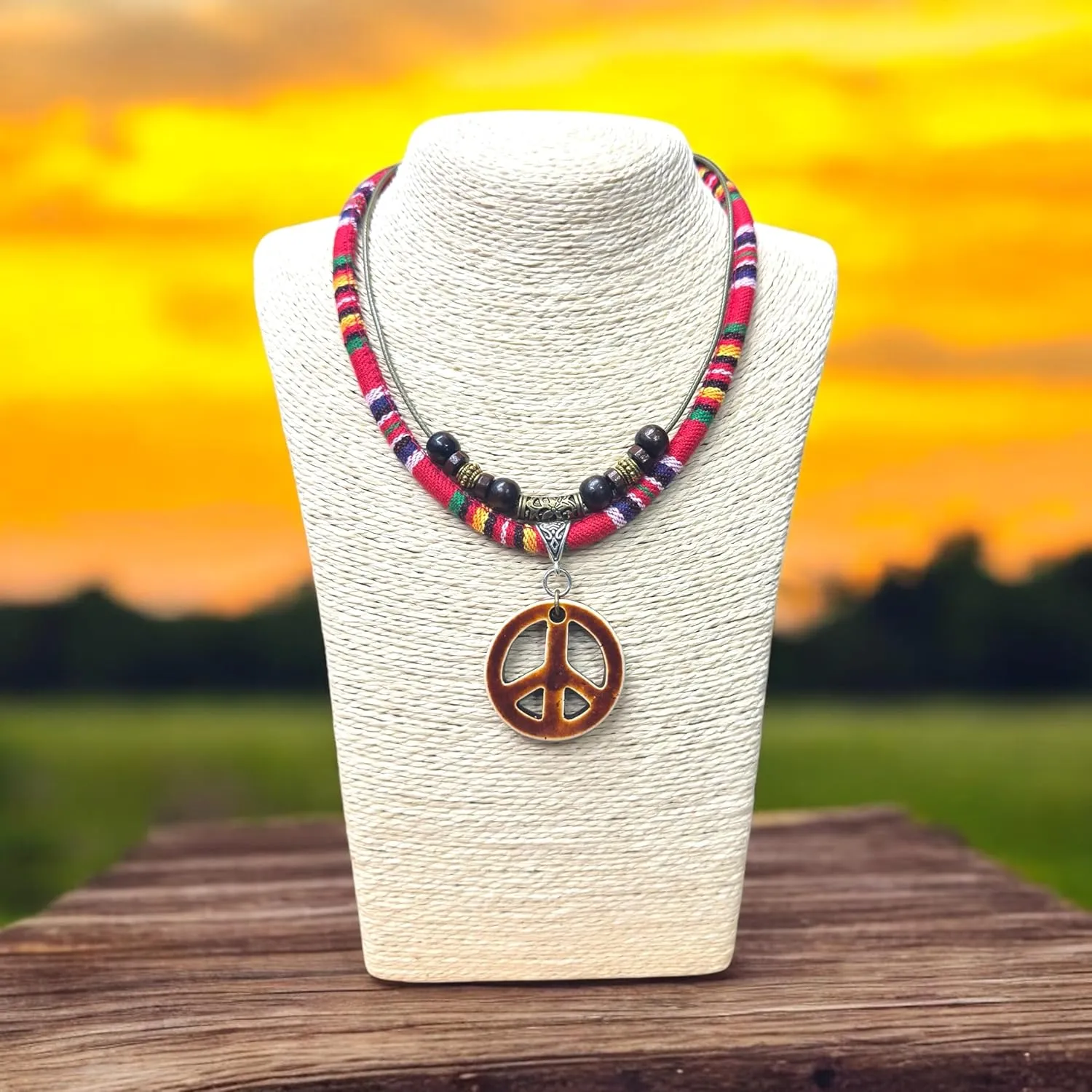 Double Layers Peace Symbol Sign Pendant Boho Colorful Braided Rope Necklace, Multi-Layered, Wooden Beads, Double Layers Peace Symbol Sign Pendant, Mens,Women's Jewelry
