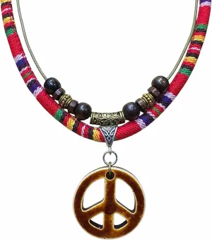 Double Layers Peace Symbol Sign Pendant Boho Colorful Braided Rope Necklace, Multi-Layered, Wooden Beads, Double Layers Peace Symbol Sign Pendant, Mens,Women's Jewelry