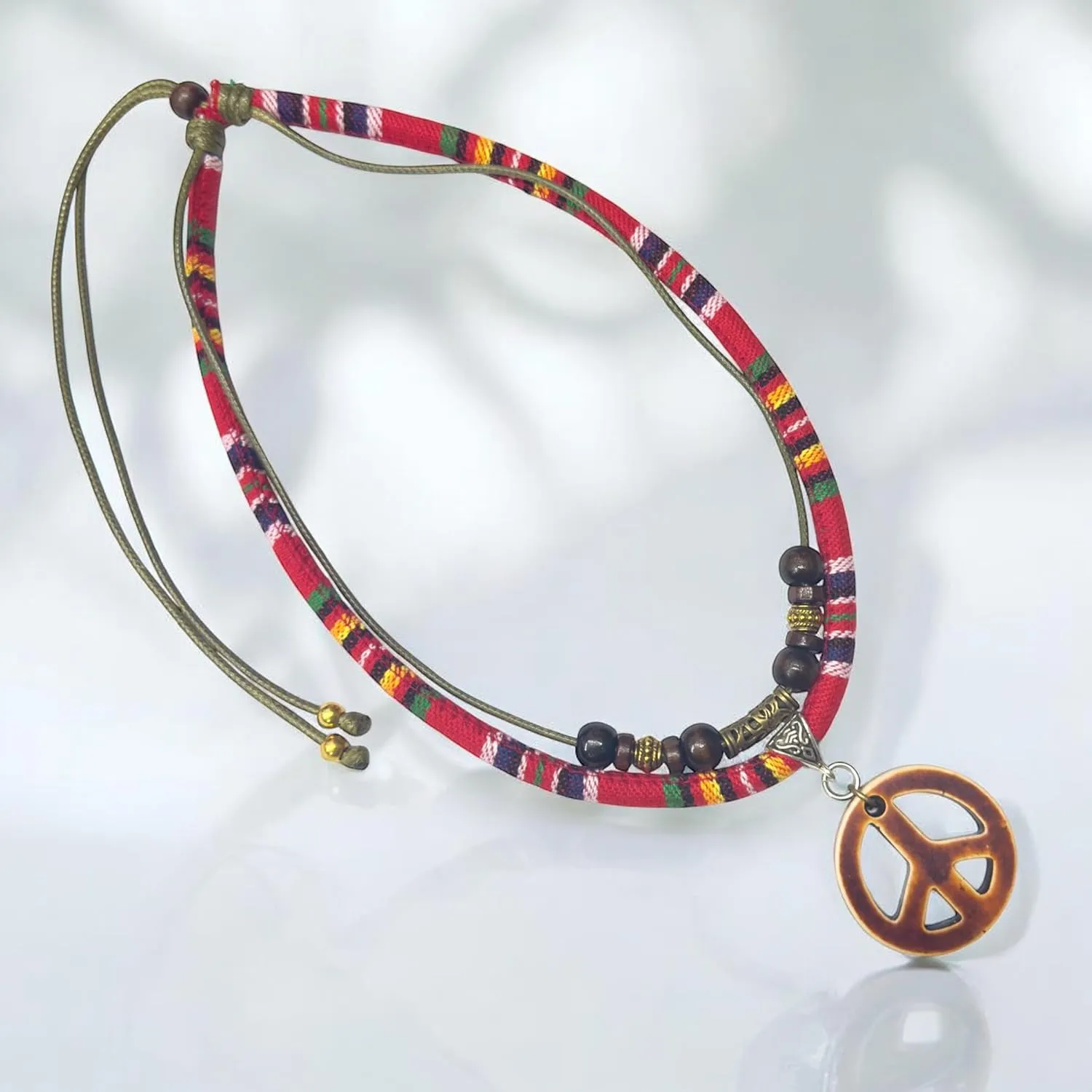 Double Layers Peace Symbol Sign Pendant Boho Colorful Braided Rope Necklace, Multi-Layered, Wooden Beads, Double Layers Peace Symbol Sign Pendant, Mens,Women's Jewelry