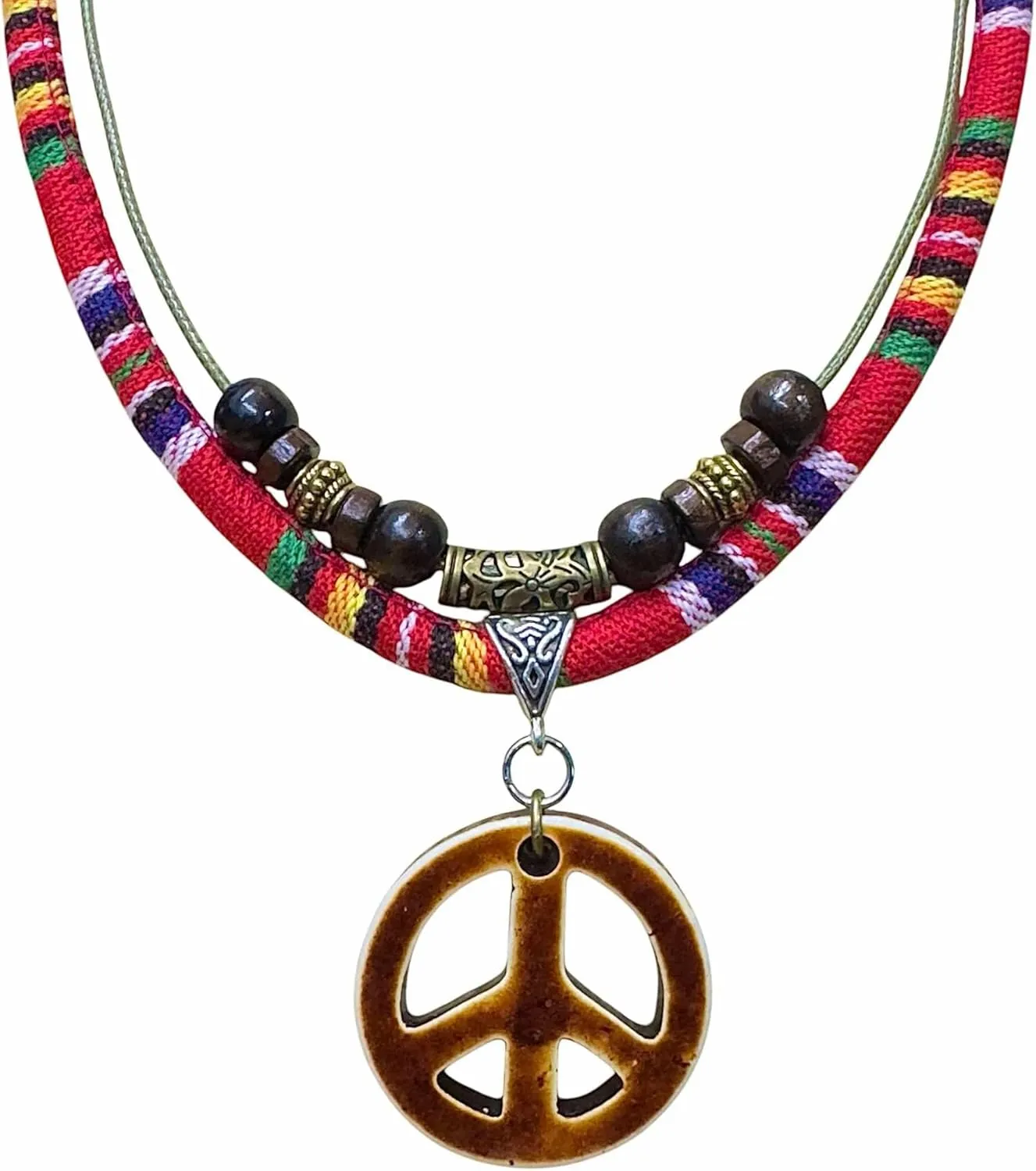 Double Layers Peace Symbol Sign Pendant Boho Colorful Braided Rope Necklace, Multi-Layered, Wooden Beads, Double Layers Peace Symbol Sign Pendant, Mens,Women's Jewelry