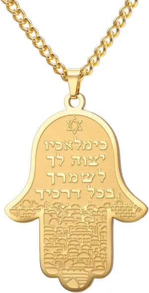 Dreamtimes Hamsa Jerusalem Pendant Necklace with Star of David Stainless Steel Islamic Hand of Fatima Heart Oval Allah Necklaces Charm Protection Pendant Necklace for Women Men
