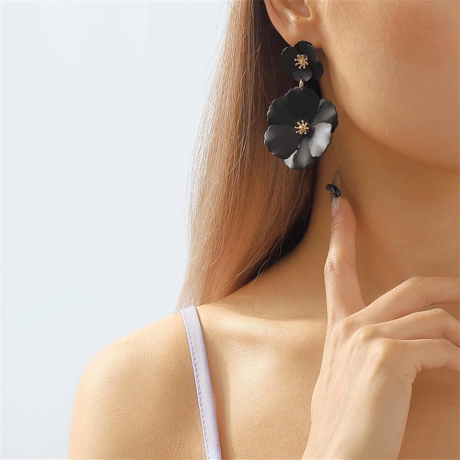 Dreuyet Bohemian Flower Earrings for Women Handmade Matte Layered Tiered Daisy Flower Floral Petal Stud Earrings Elegant Large Metal Flower Dangle Drop Statement Earrings Chic Boho Wedding Jewelry