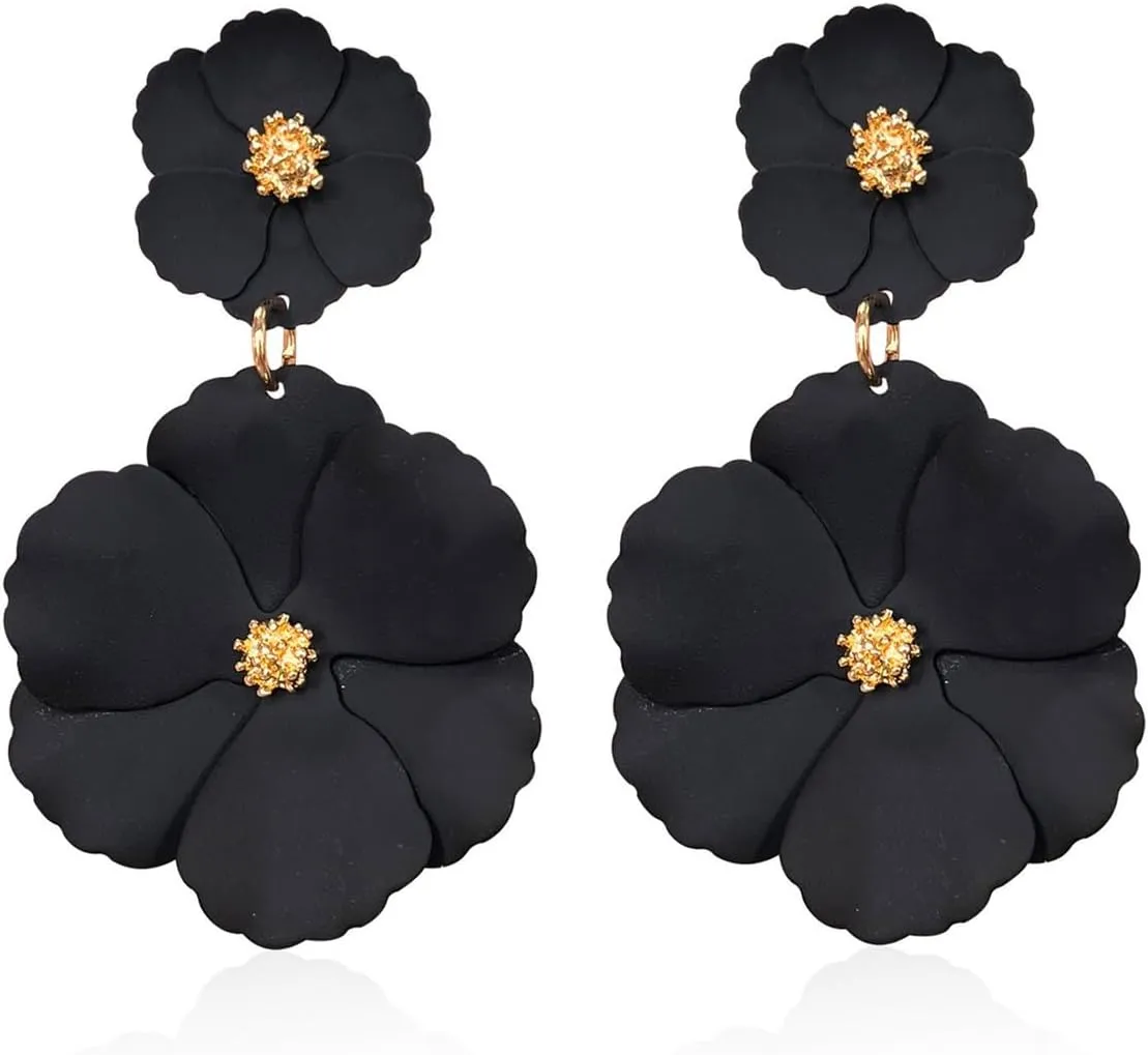 Dreuyet Bohemian Flower Earrings for Women Handmade Matte Layered Tiered Daisy Flower Floral Petal Stud Earrings Elegant Large Metal Flower Dangle Drop Statement Earrings Chic Boho Wedding Jewelry