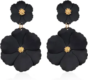Dreuyet Bohemian Flower Earrings for Women Handmade Matte Layered Tiered Daisy Flower Floral Petal Stud Earrings Elegant Large Metal Flower Dangle Drop Statement Earrings Chic Boho Wedding Jewelry