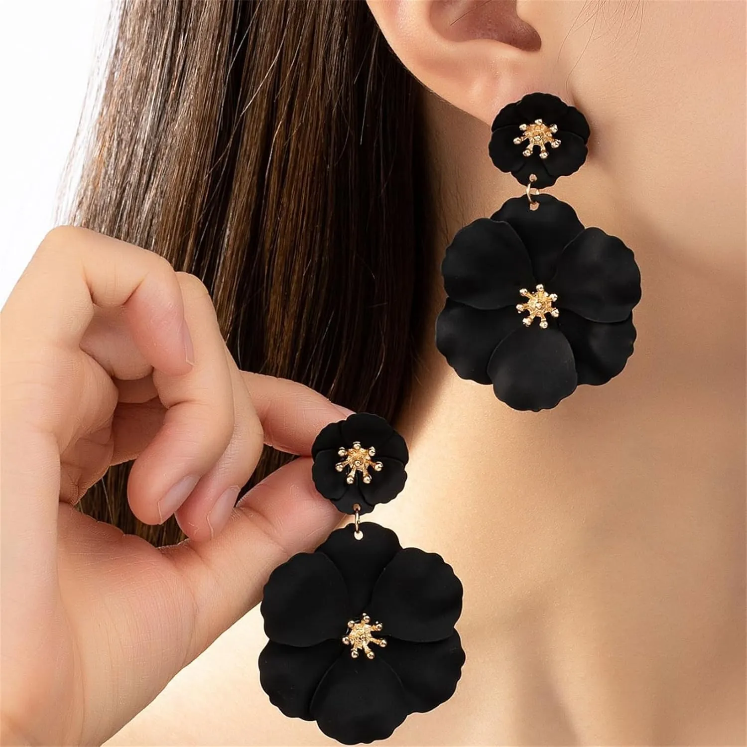 Dreuyet Bohemian Flower Earrings for Women Handmade Matte Layered Tiered Daisy Flower Floral Petal Stud Earrings Elegant Large Metal Flower Dangle Drop Statement Earrings Chic Boho Wedding Jewelry