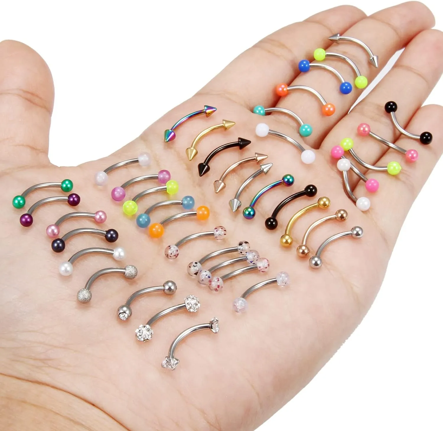 Dyknasz 40Pcs 16G Surgical Steel Daith Rook Earring 8mm 10mm Curved Barbell Eyebrow Rings Belly Button Ring Piercing Jewelry for Women Men
