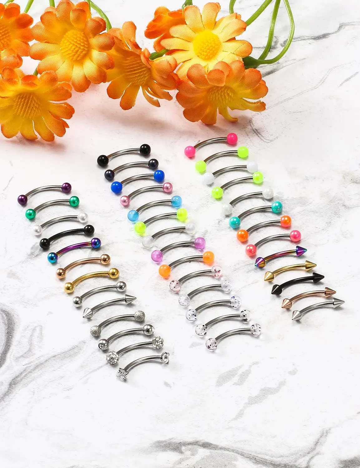 Dyknasz 40Pcs 16G Surgical Steel Daith Rook Earring 8mm 10mm Curved Barbell Eyebrow Rings Belly Button Ring Piercing Jewelry for Women Men