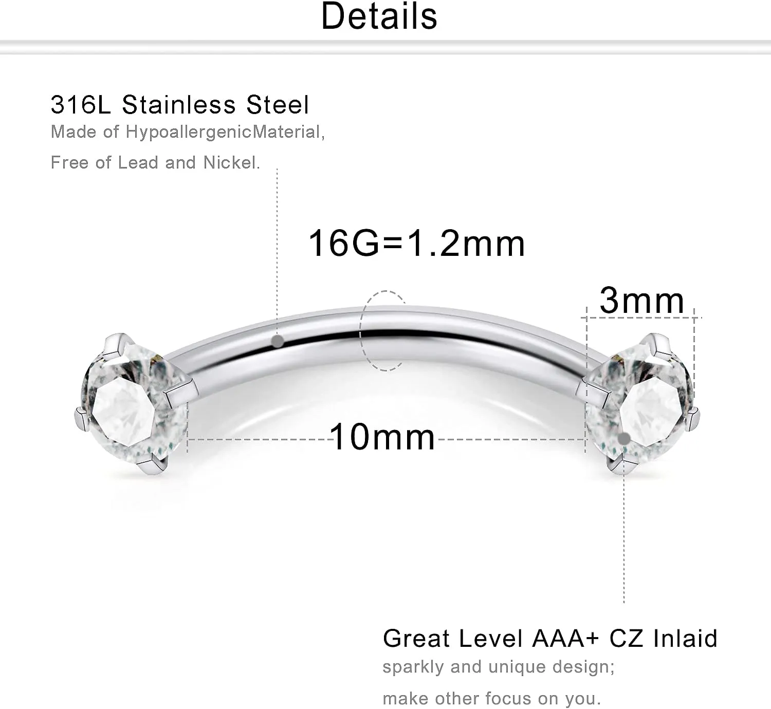 Dyknasz 40Pcs 16G Surgical Steel Daith Rook Earring 8mm 10mm Curved Barbell Eyebrow Rings Belly Button Ring Piercing Jewelry for Women Men