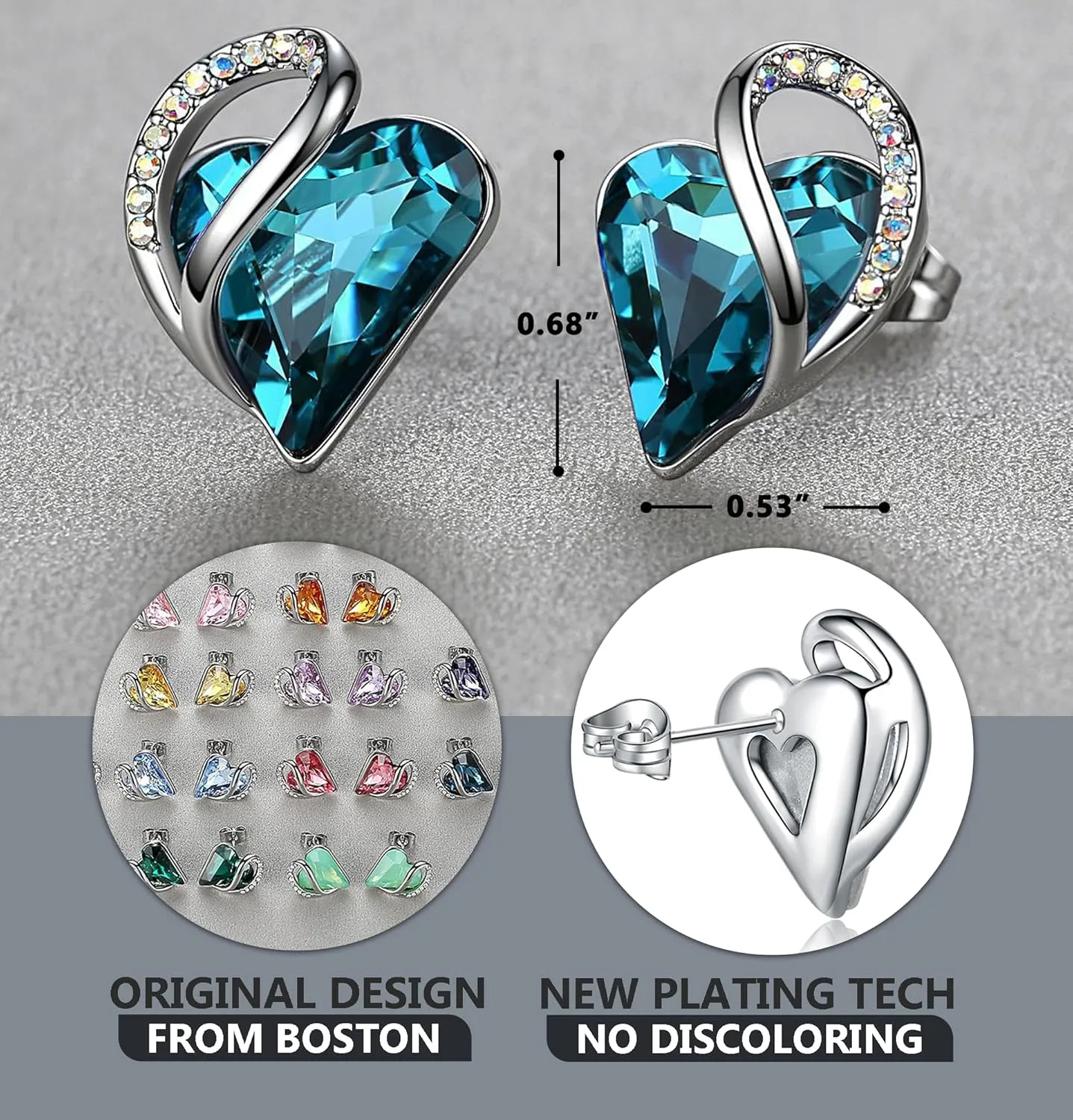 Earrings for Women, Mothers Day Gift for Mom, Heart Birthstone Crystal Stud Earring, Silver Plated Birthday Jewelry