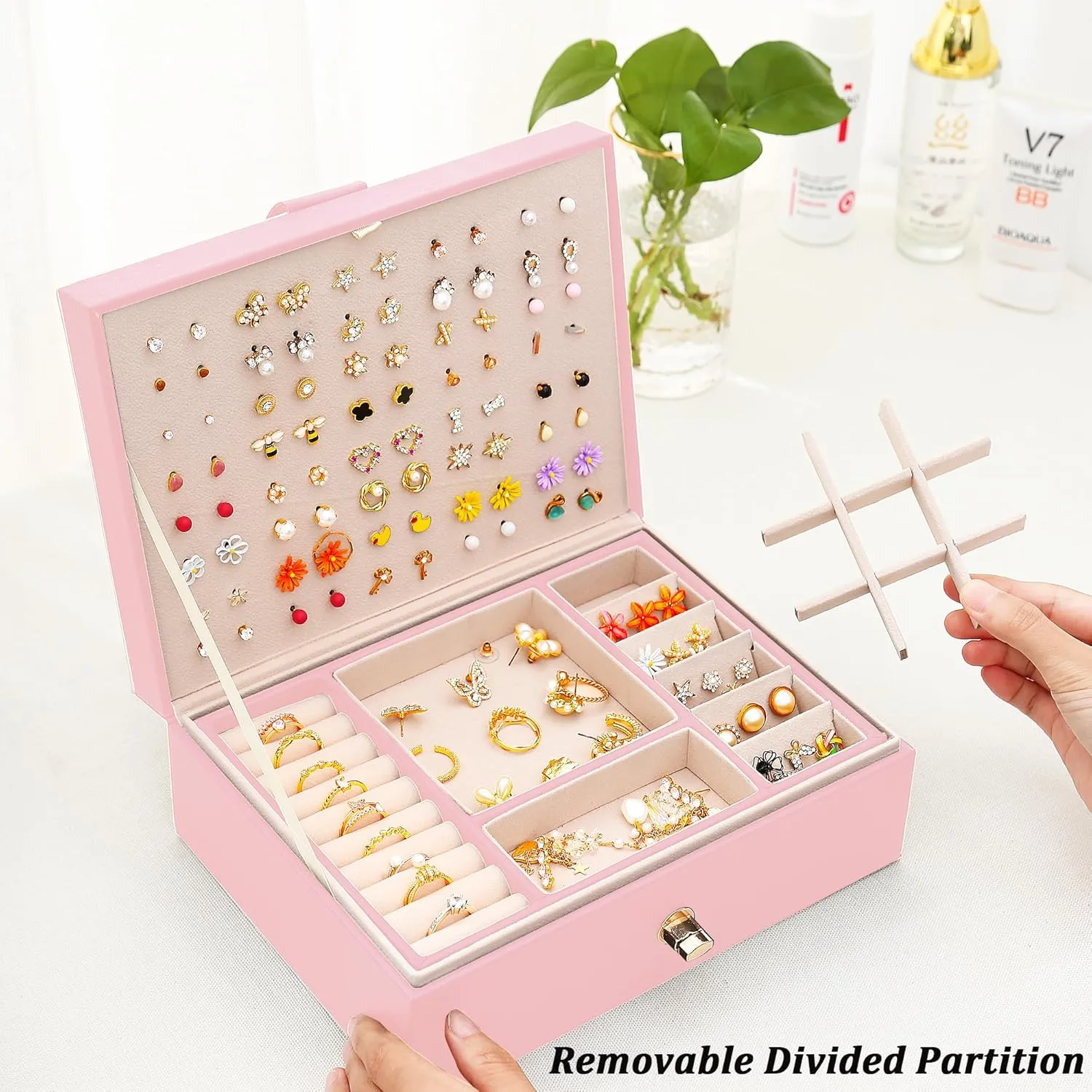 Earrings Jewelry Box for Girls, Leather Earring Holder Organizer for Girls Jewelry Box for Teen Jewelry Organizer for Necklaces and Rings Earrings Organizer for Girls Women,Pink