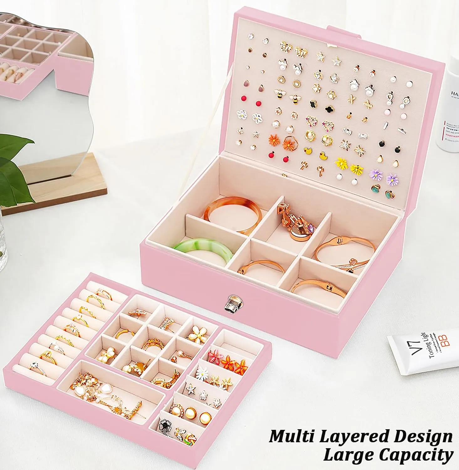 Earrings Jewelry Box for Girls, Leather Earring Holder Organizer for Girls Jewelry Box for Teen Jewelry Organizer for Necklaces and Rings Earrings Organizer for Girls Women,Pink