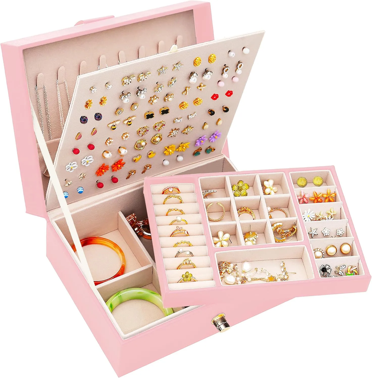 Earrings Jewelry Box for Girls, Leather Earring Holder Organizer for Girls Jewelry Box for Teen Jewelry Organizer for Necklaces and Rings Earrings Organizer for Girls Women,Pink