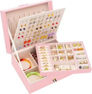 Earrings Jewelry Box for Girls, Leather Earring Holder Organizer for Girls Jewelry Box for Teen Jewelry Organizer for Necklaces and Rings Earrings Organizer for Girls Women,Pink