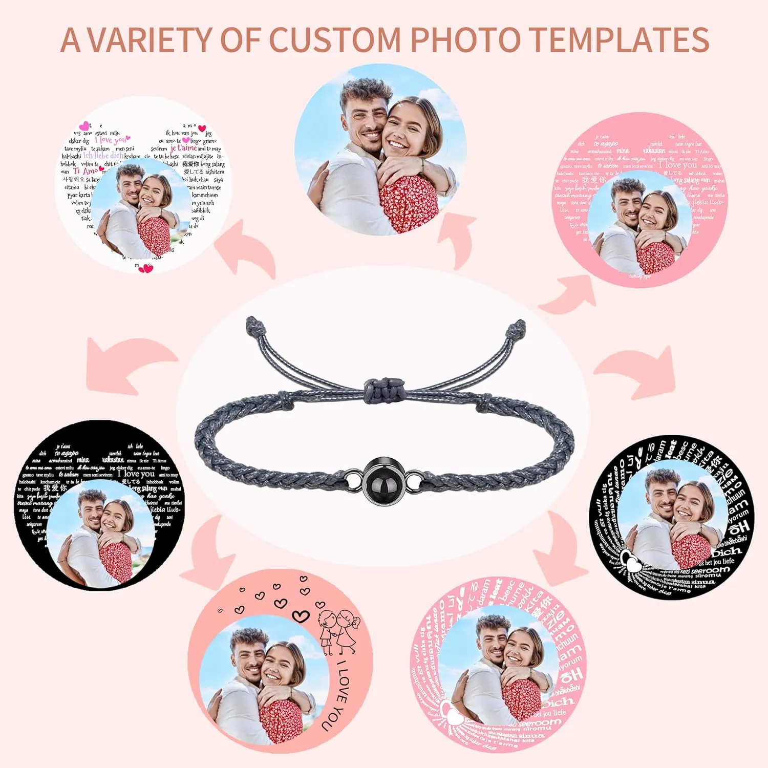 Easycosy Customized Bracelets with Picture inside, Personalized Photo Projection Bracelets, Adjustable Length Bracelet Mothers Day Memorial Gifts for Mom Women Wife Girlfriend
