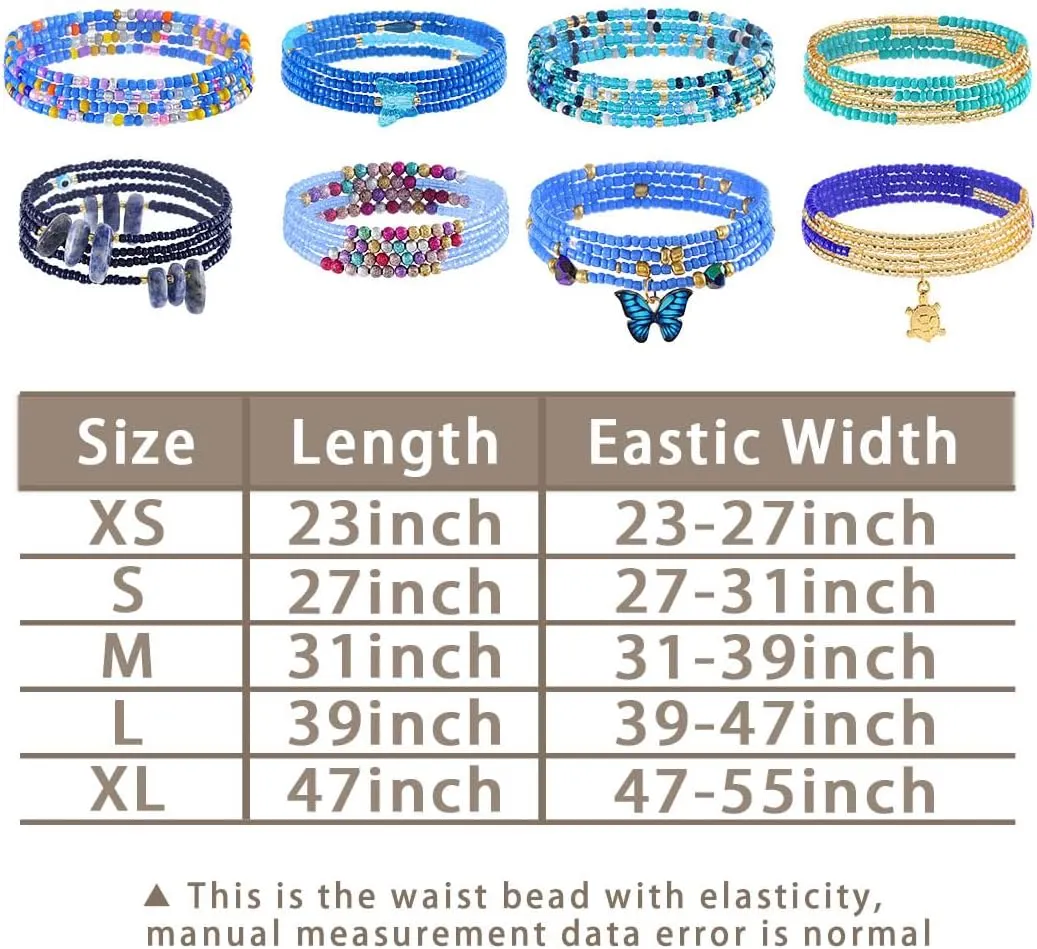 ELABEST 24-47inch African Waist Beads for Women 8Pcs Elastic Belly Beads Colorful Beaded Waist Jewelry Accessories Body Chain