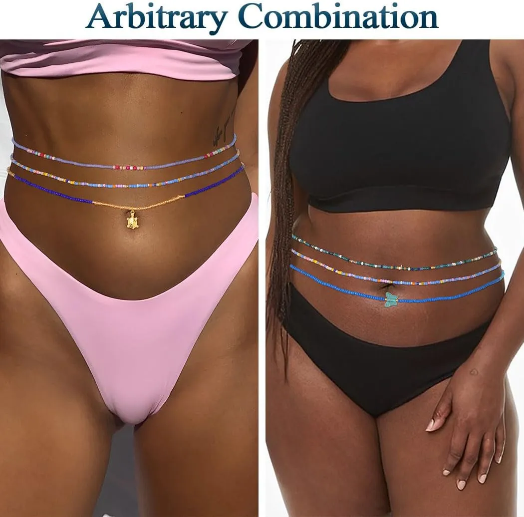ELABEST 24-47inch African Waist Beads for Women 8Pcs Elastic Belly Beads Colorful Beaded Waist Jewelry Accessories Body Chain